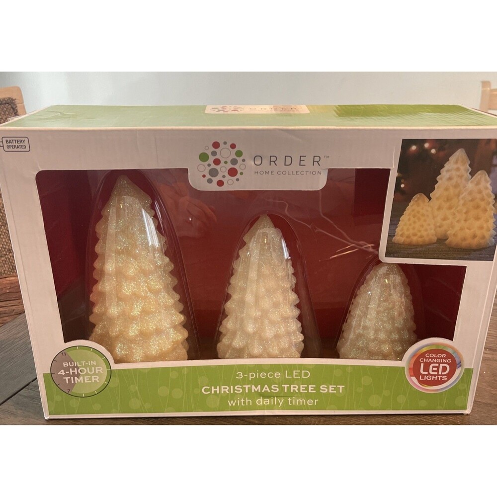 3 Piece LED Color Changing Christmas Tree Set Glass Battery Operated Timer
